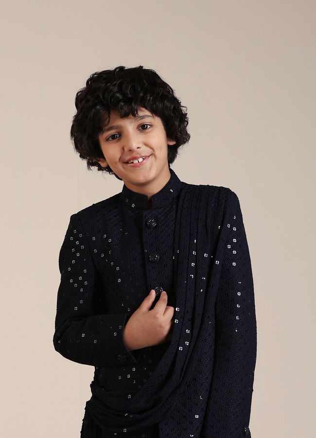 alt message - Manyavar Boys Boys Dark Blue Sequined Chikankari Indo Western Set image number 0